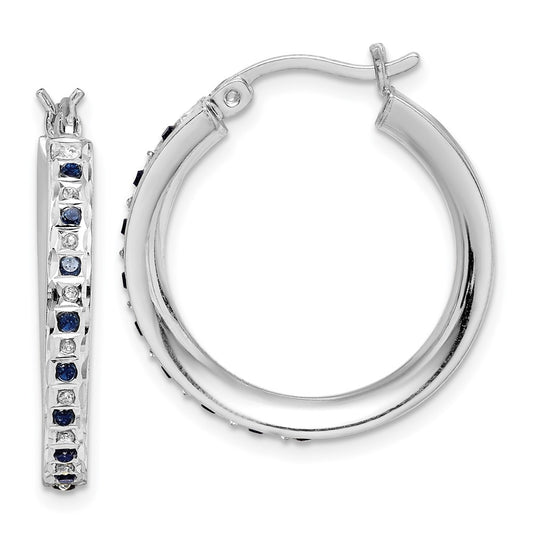 QDF132 Diamond Fascination Diamond Mystique Sterling Silver Platinum-plated Diamond Sapphire Round Hoop Earrings