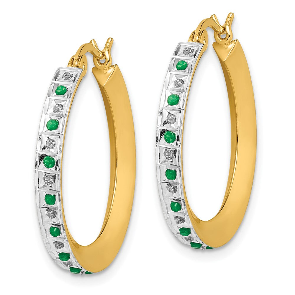 QDF133 Diamond Fascination Diamond Mystique Sterling Silver 18K Gold-plated Diamond and Emerald Round Hoop Earrings