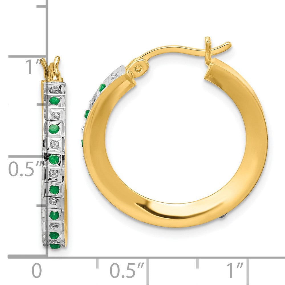 QDF133 Diamond Fascination Diamond Mystique Sterling Silver 18K Gold-plated Diamond and Emerald Round Hoop Earrings