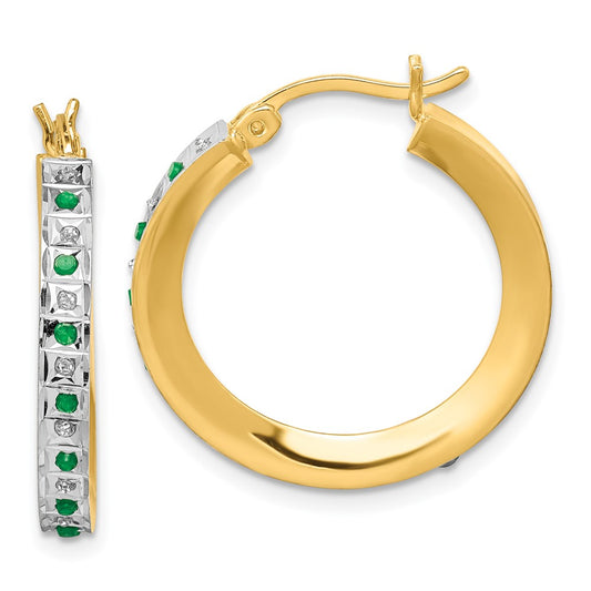 QDF133 Diamond Fascination Diamond Mystique Sterling Silver 18K Gold-plated Diamond and Emerald Round Hoop Earrings