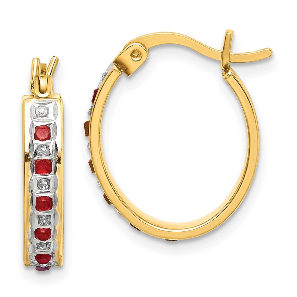 QDF134 Diamond Fascination Diamond Mystique Sterling Silver 18K Gold-plated Diamond and Ruby Oval Hoop Earrings