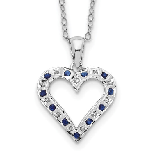 Diamond Fascination Diamond Mystique Sterling Silver Platinum-plated Diamond and Sapphire Heart 18 Inch Necklace QDF137