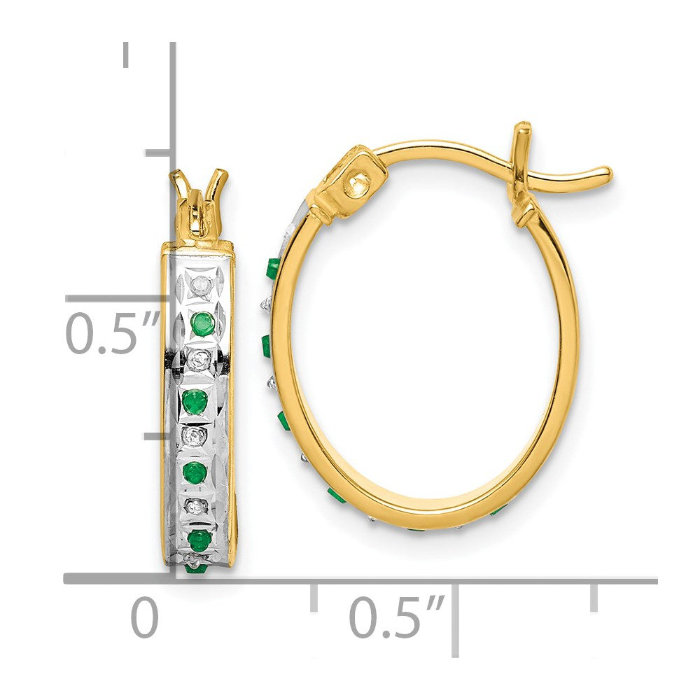 QDF139 Diamond Fascination Diamond Mystique Sterling Silver 18K Gold-plated Diamond and Emerald Oval Hoop Earrings