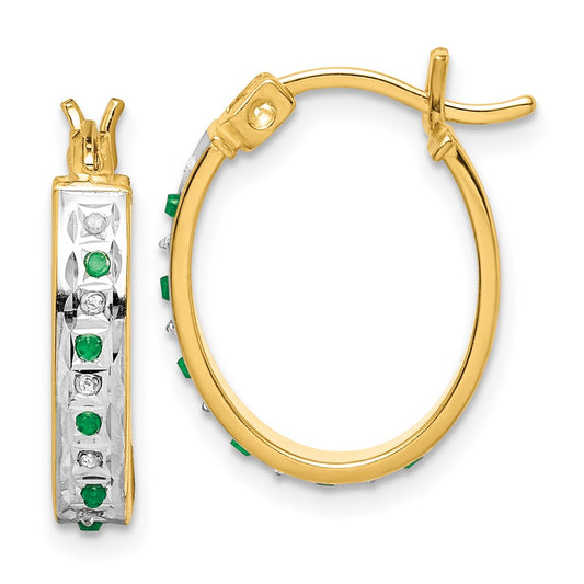 QDF139 Diamond Fascination Diamond Mystique Sterling Silver 18K Gold-plated Diamond and Emerald Oval Hoop Earrings