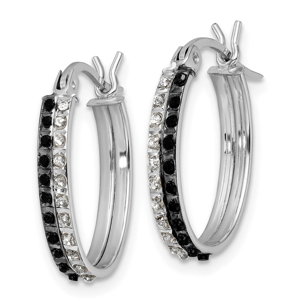 QDF142 Diamond Fascination Diamond Mystique Sterling Silver Platinum-plated Diamond Black and White Diamond Oval Hoop Earrings