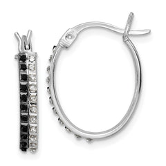 QDF142 Diamond Fascination Diamond Mystique Sterling Silver Platinum-plated Diamond Black and White Diamond Oval Hoop Earrings