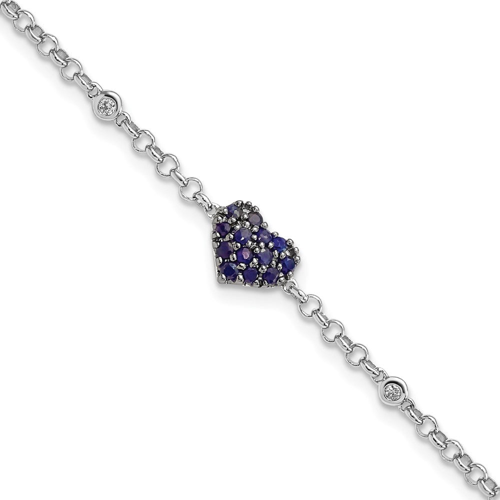 Sterling Silver Rhodium Diam. & Sapphire Heart Bracelet QDX1204