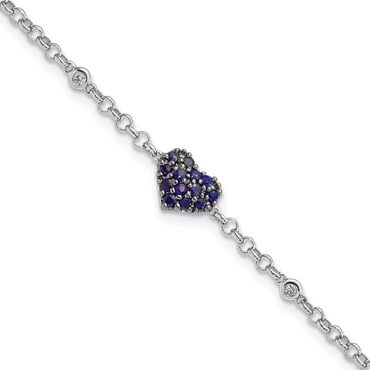 Sterling Silver Rhodium Diam. & Sapphire Heart Bracelet QDX1204