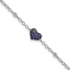Sterling Silver Rhodium Diam. & Sapphire Heart Bracelet QDX1204