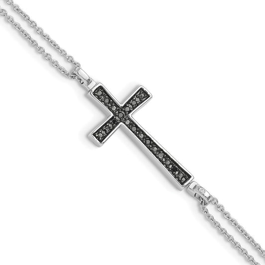 Sterling Silver Rhod 0.1ct. Blk & Wht Dia. Rvsble Cross 2 Strand Bracelet QDX1253