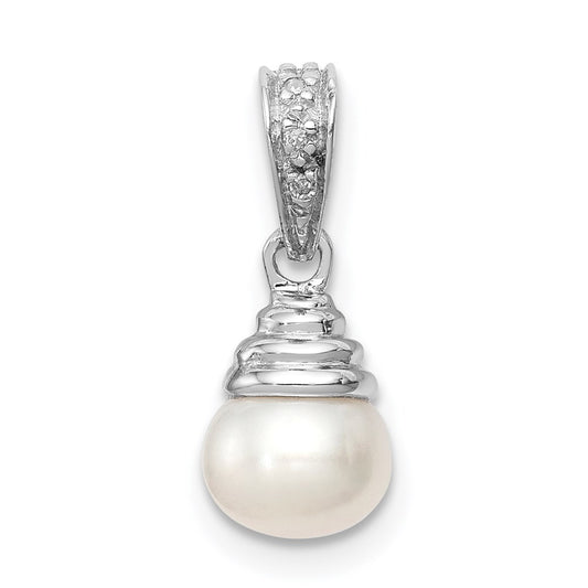 Sterling Silver Rhodium 5-6mm FW Cultured Pearl & Diamond Pendant QDX300