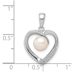 Sterling Silver Rhodium 6mm FW Cultured Pearl & Diamond Heart Pendant QDX301
