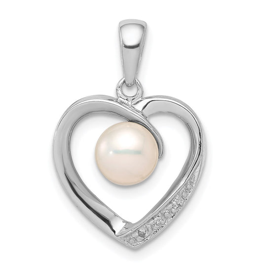 Sterling Silver Rhodium 6mm FW Cultured Pearl & Diamond Heart Pendant QDX301