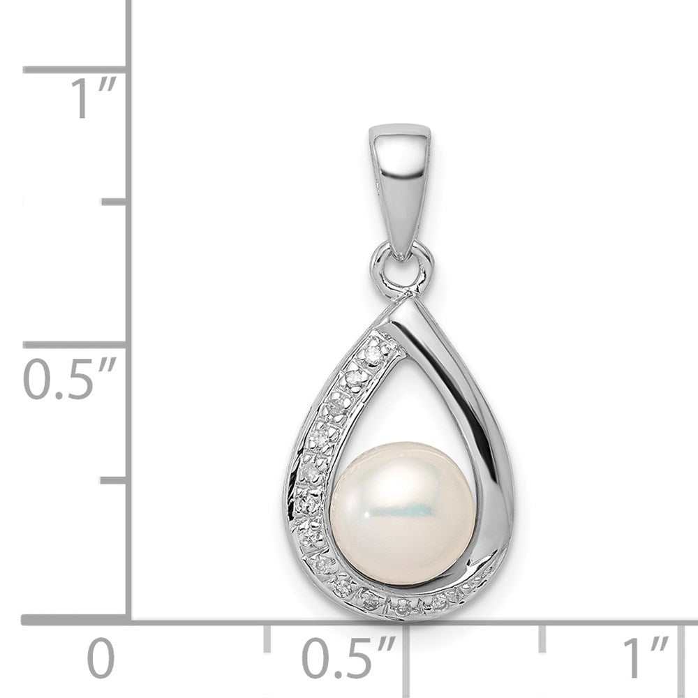 Sterling Silver Rhodium 6mm FW Cltrd Pearl & Diamond Teardrop Pendant QDX302