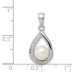 Sterling Silver Rhodium 6mm FW Cltrd Pearl & Diamond Teardrop Pendant QDX302