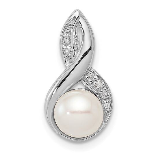 Sterling Silver Rhodium 6mm FW Cultured Pearl & Diamond Chain Slide QDX305