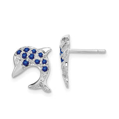 QDX308 Sterling Silver Rhodium Sapphire & Diamond Dolphin Post Earrings