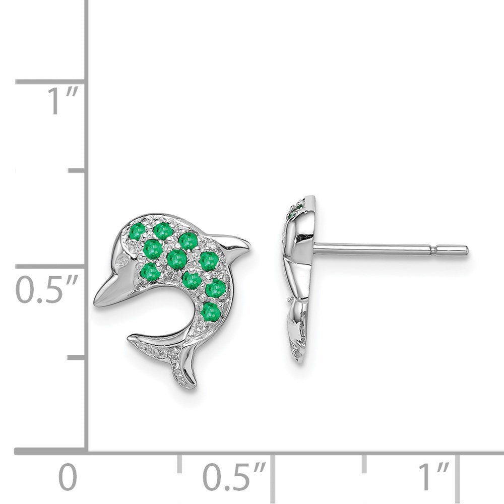 QDX309 Sterling Silver Rhodium Emerald & Diamond Dolphin Post Earrings