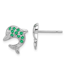QDX309 Sterling Silver Rhodium Emerald & Diamond Dolphin Post Earrings