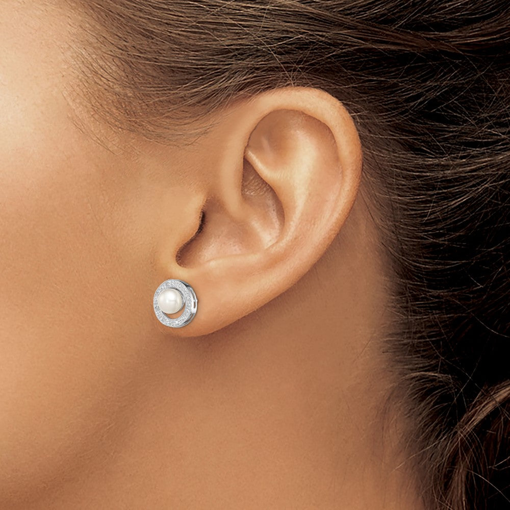 QDX310 Sterling Silver Rhodium 6mm FW Cultured Pearl & Diamond Post Ear