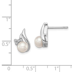 QDX311 Sterling Silver Rhodium 6mm FW Cultured Pearl & Diamond Post Ear