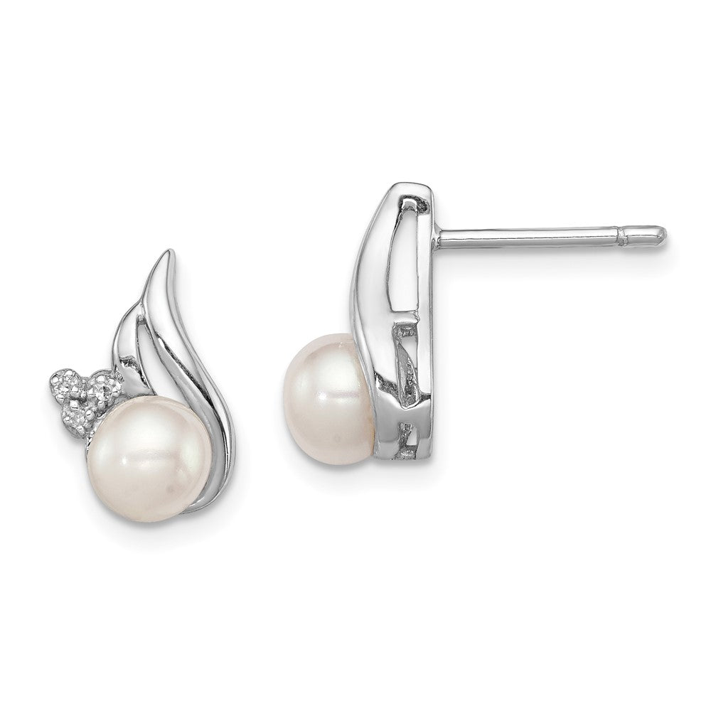 QDX311 Sterling Silver Rhodium 6mm FW Cultured Pearl & Diamond Post Ear