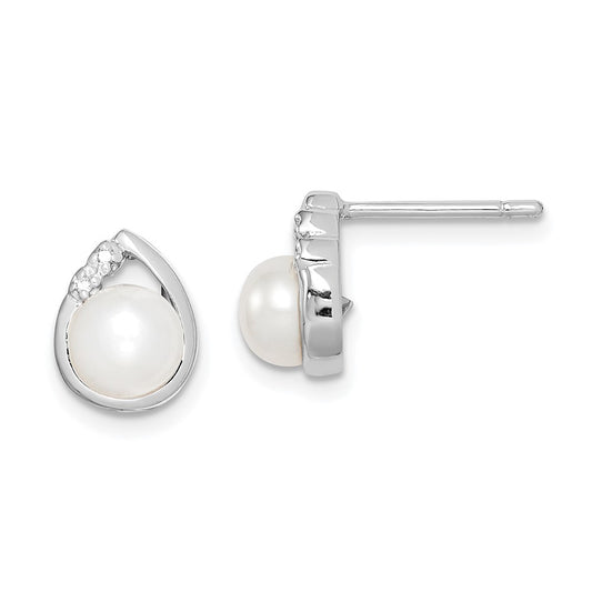 QDX312 Sterling Silver Rhodium-plated 5mm FW Cultured Pearl & Diamond Post Ear
