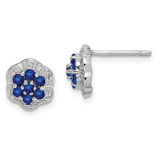 QDX315 Sterling Silver Rhodium Sapphire & Diamond Post Earrings