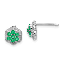 QDX316 Sterling Silver Rhodium Emerald & Diamond Post Earrings