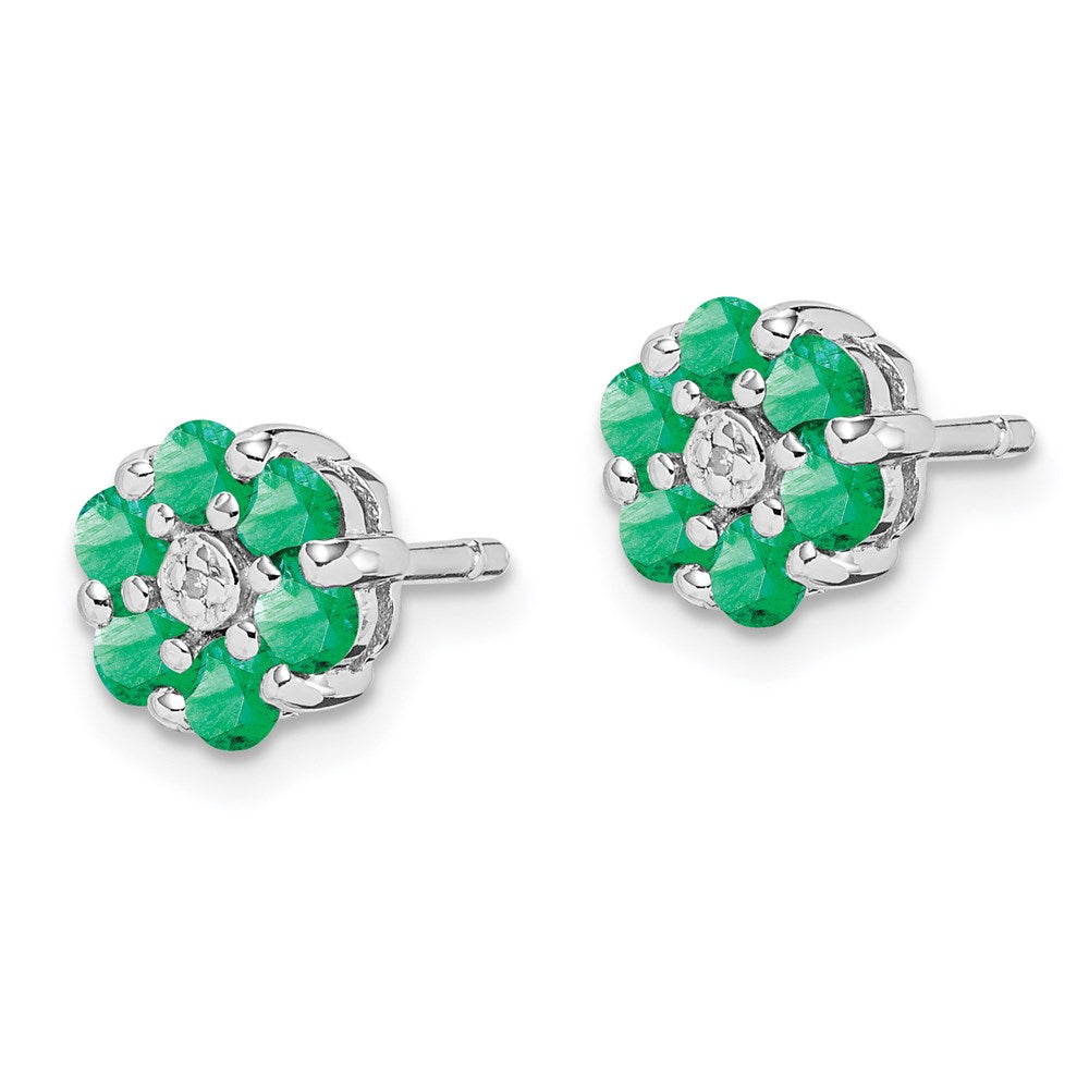QDX318 Sterling Silver Rhodium Emerald & Diamond Post Earrings