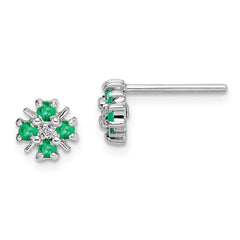 QDX320 Sterling Silver Rhodium Emerald & Diamond Post Earrings