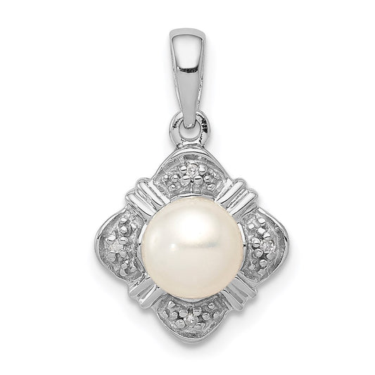 Sterling Silver Rhodium FW Cultured Pearl & Diamond Pendant QDX321