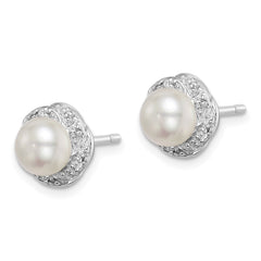 QDX324 Sterling Silver Rhodium FW Cultured Pearl & Diamond Post Earrings