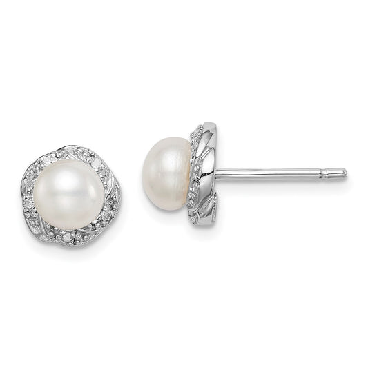 QDX324 Sterling Silver Rhodium FW Cultured Pearl & Diamond Post Earrings