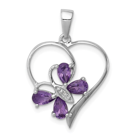 Sterling Silver RH Plated Amethyst and Diamond Butterfly Heart Pendant QDX366