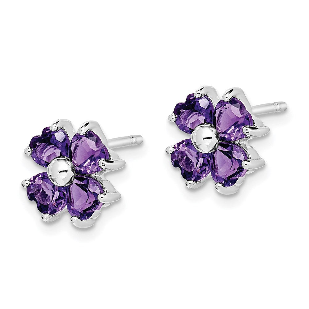 QDX367 Sterling Silver Rhodium Plated Amethyst Flower Post Earrings