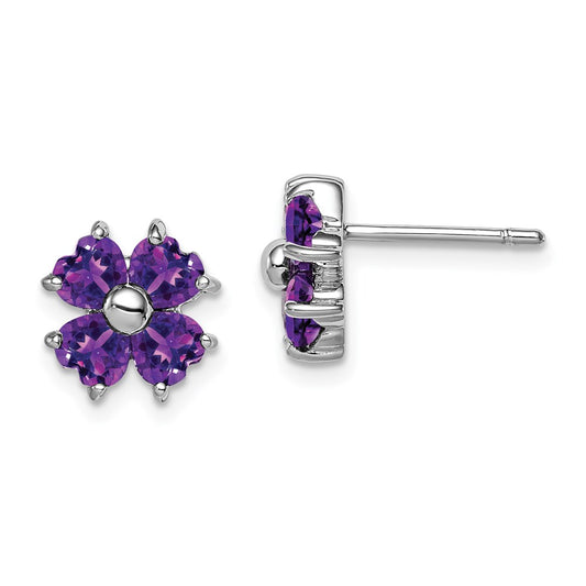 QDX367 Sterling Silver Rhodium Plated Amethyst Flower Post Earrings