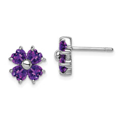 QDX367 Sterling Silver Rhodium Plated Amethyst Flower Post Earrings
