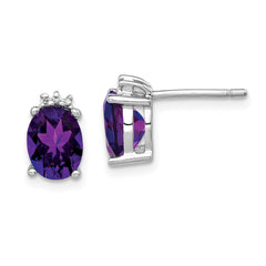 QDX368 Sterling Silver Rhodium Plated Oval Amethyst and Diamond Post Earrings