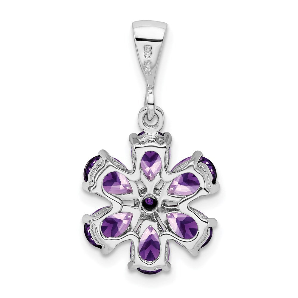 Sterling Silver Rhodium Plated Amethyst and Diamond Flower Pendant QDX375