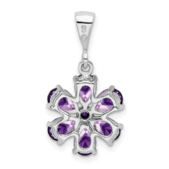 Sterling Silver Rhodium Plated Amethyst and Diamond Flower Pendant QDX375