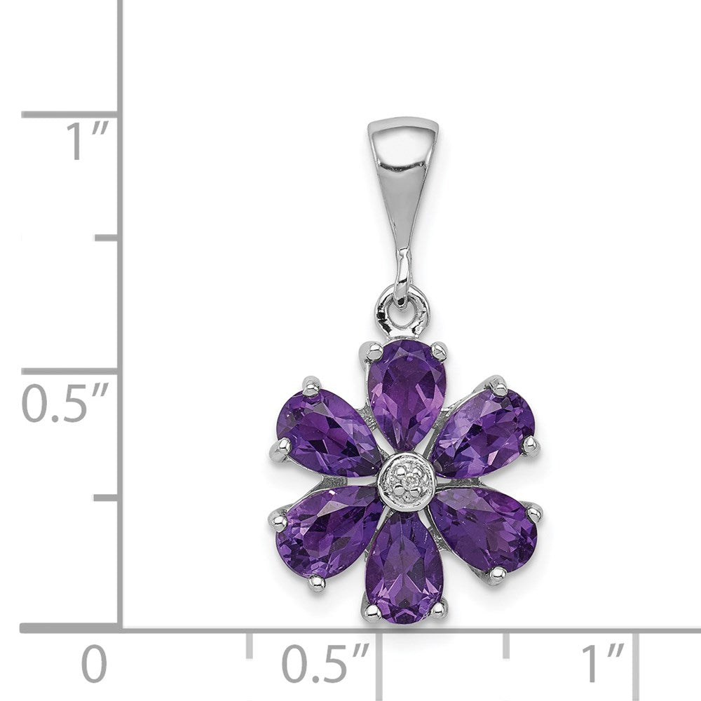 Sterling Silver Rhodium Plated Amethyst and Diamond Flower Pendant QDX375