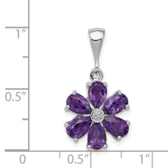 Sterling Silver Rhodium Plated Amethyst and Diamond Flower Pendant QDX375