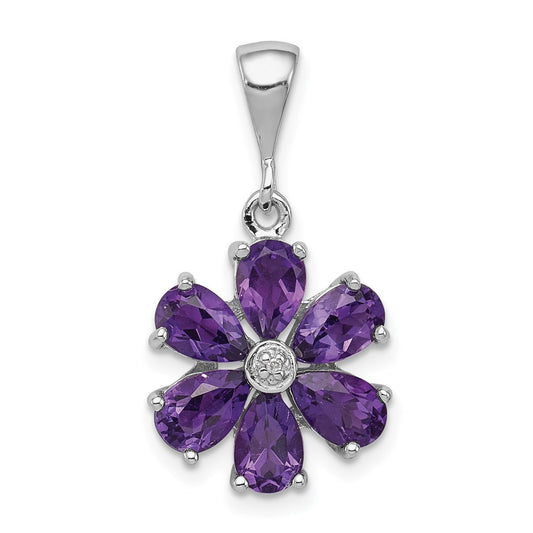 Sterling Silver Rhodium Plated Amethyst and Diamond Flower Pendant QDX375