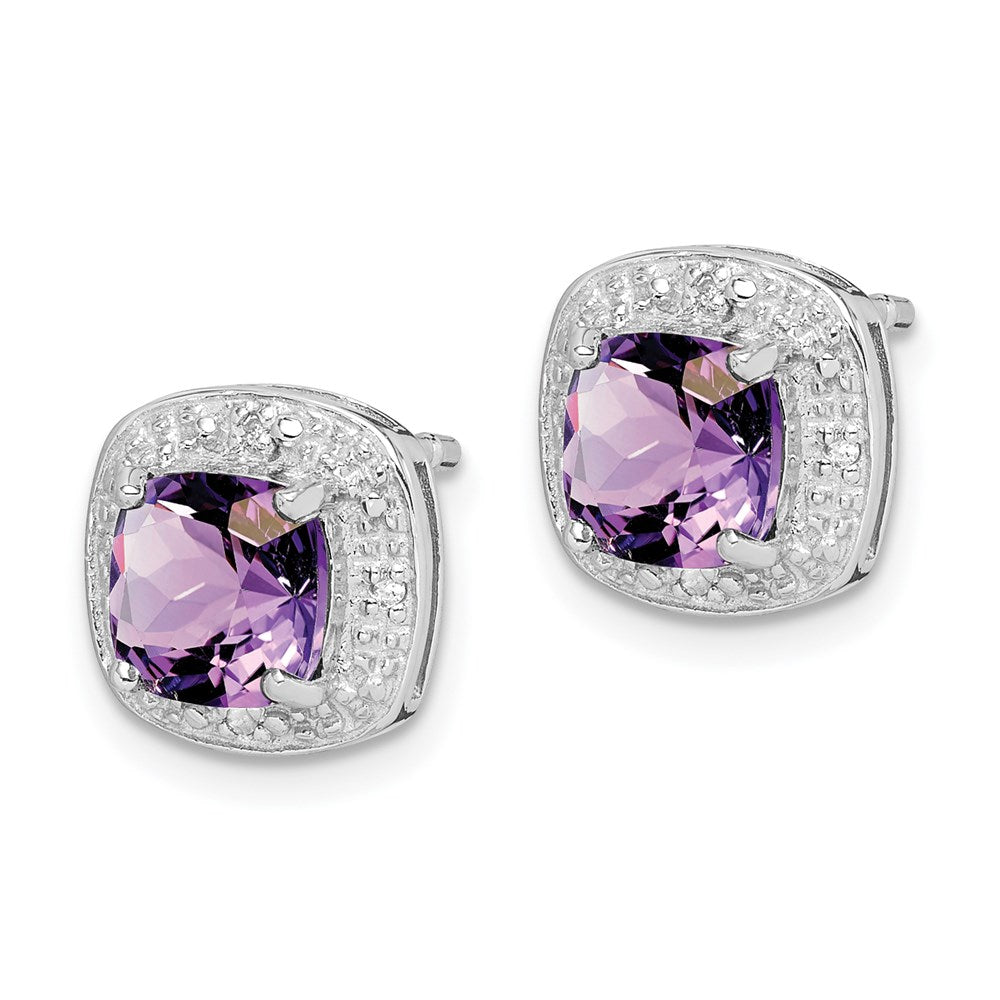 QDX379 Sterling Silver Rhodium Plated Amethyst and Diamond Post Earrings