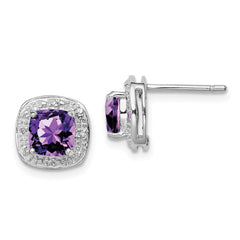 QDX379 Sterling Silver Rhodium Plated Amethyst and Diamond Post Earrings