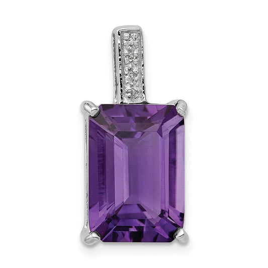 Sterling Silver Rhodium Emerald-cut Amethyst & Diamond Pendant QDX384