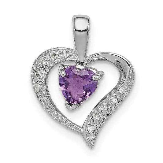 Sterling Silver Rhodium Plated Amethyst and Diamond Heart Pendant QDX412
