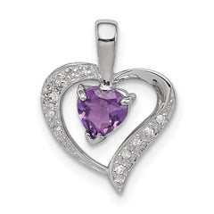 Sterling Silver Rhodium Plated Amethyst and Diamond Heart Pendant QDX412