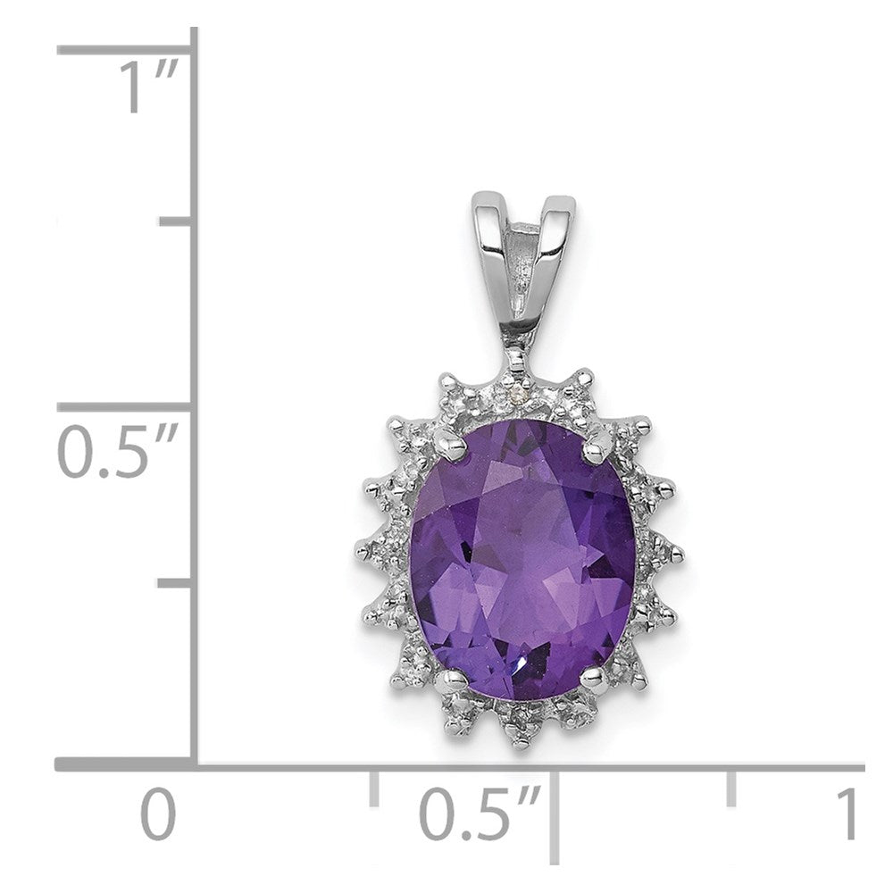 Sterling Silver Rhodium Plated Oval Amethyst and Diamond Pendant QDX413